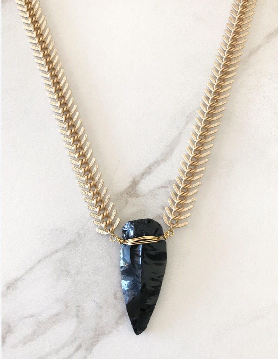 Obsidian Arrowhead Snake Chain Statement Necklace