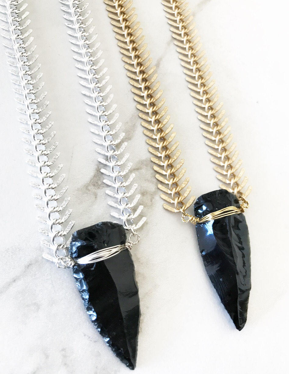 Obsidian Arrowhead Snake Chain Statement Necklace