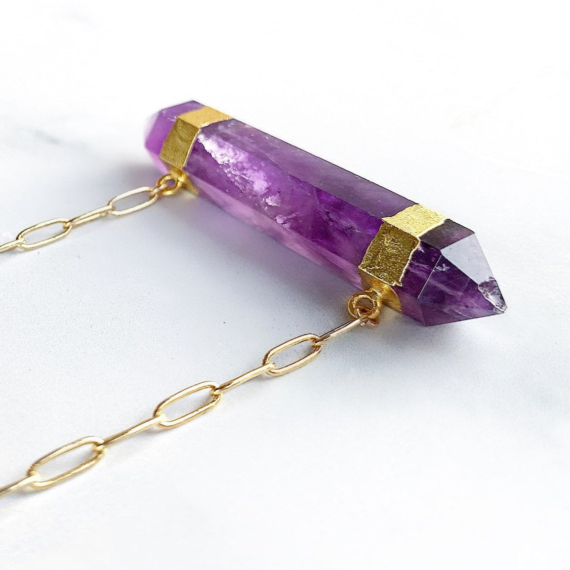 Double Terminated Amethyst Bar Necklace in 14k Gold Filled or Sterling Silver