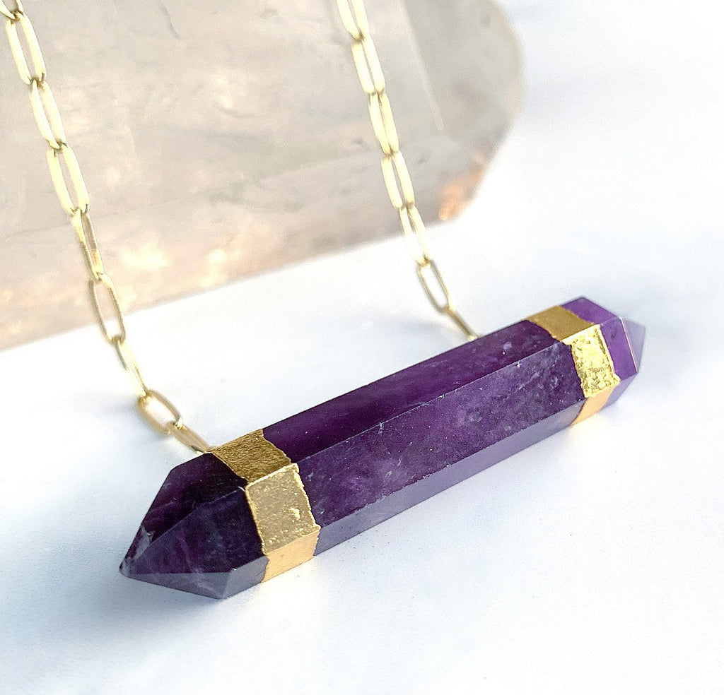 Double Terminated Amethyst Bar Necklace in 14k Gold Filled or Sterling Silver
