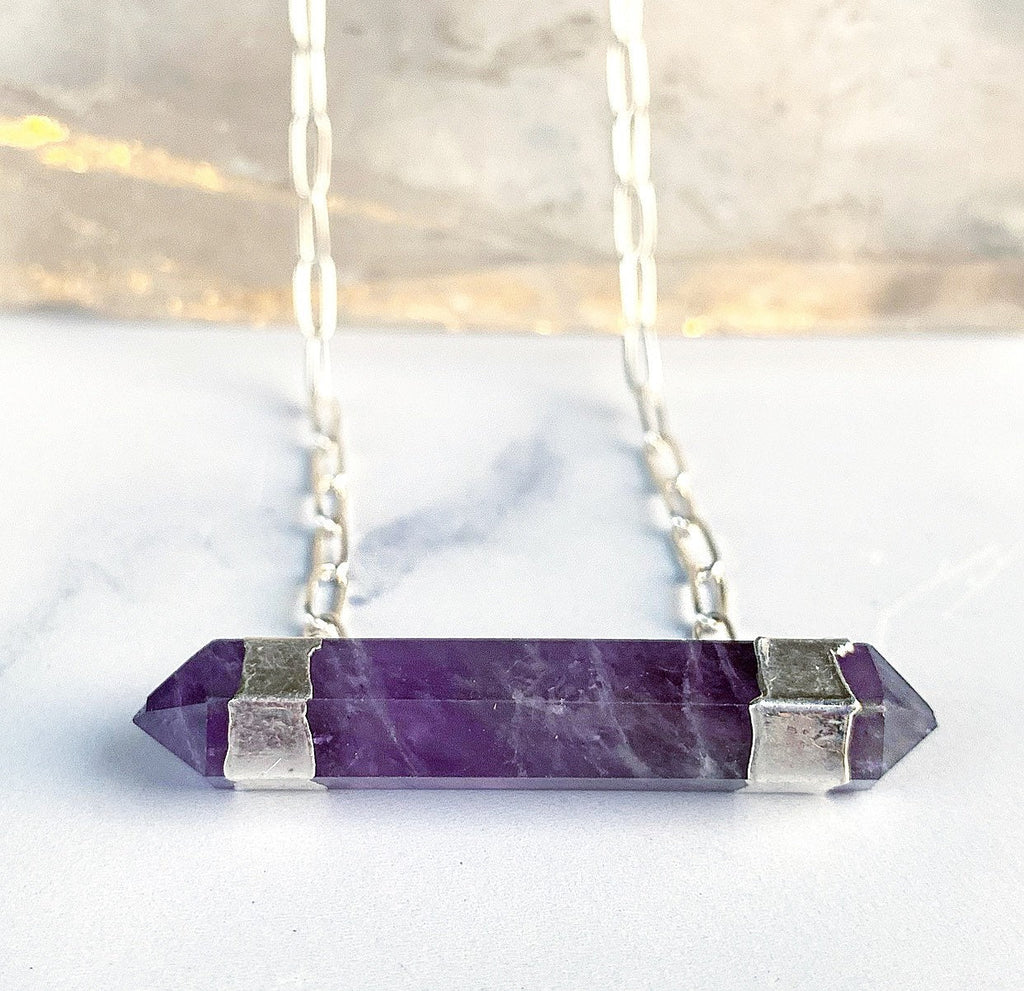 Double Terminated Amethyst Bar Necklace in 14k Gold Filled or Sterling Silver