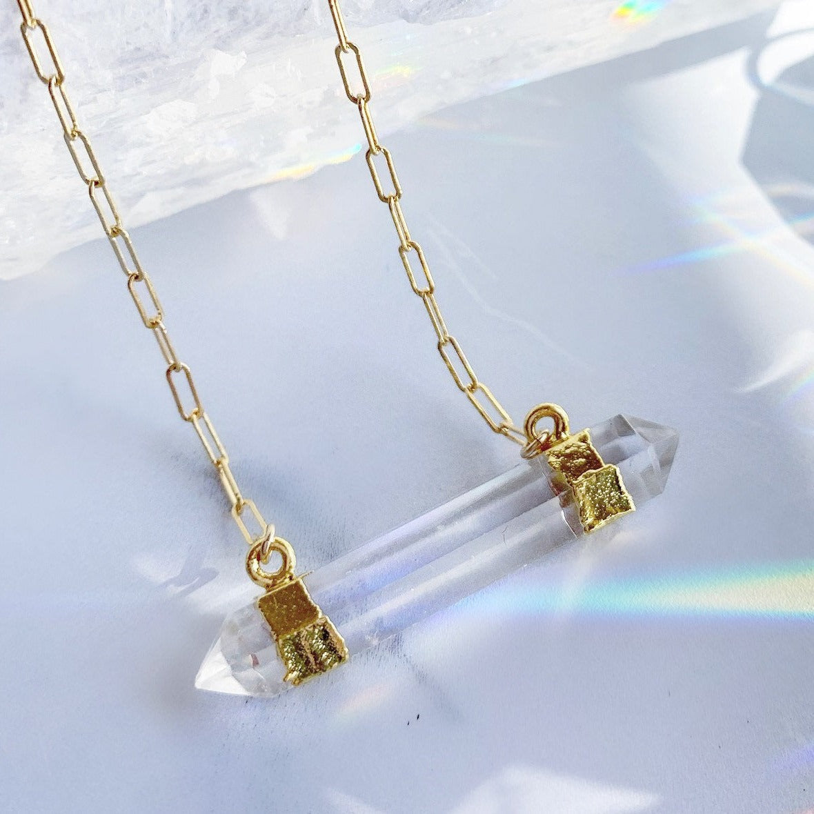 Double Terminated Crystal Quartz Bar Necklace in 14k Gold Filled or Sterling Silver