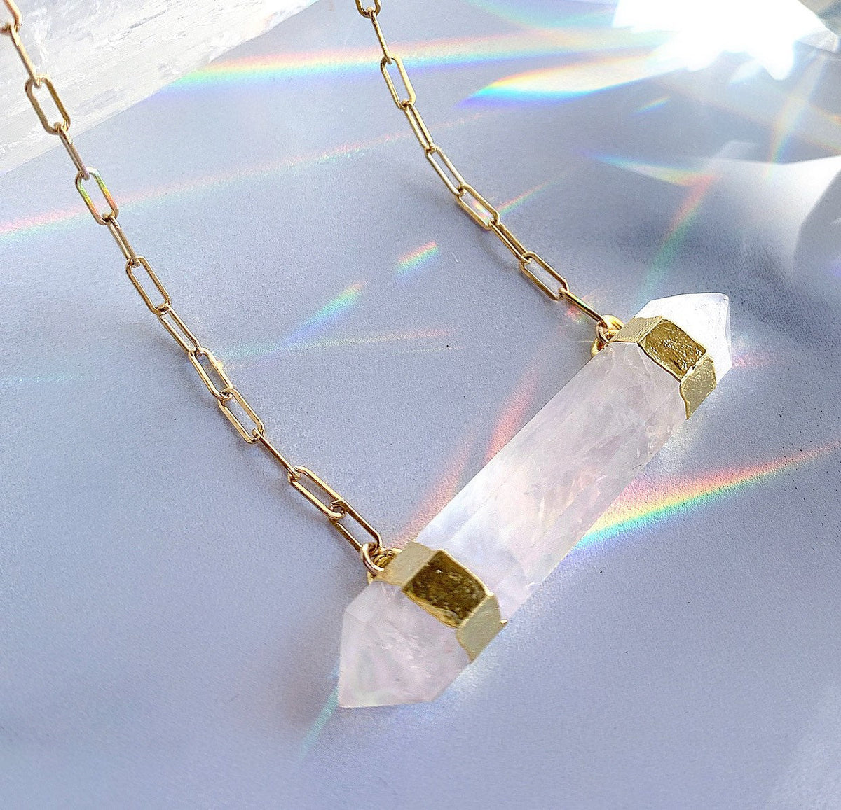 Double Terminated Rose Quartz Bar Necklace