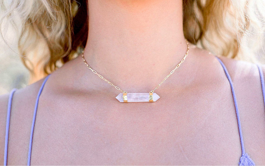 Double Terminated Rose Quartz Bar Necklace