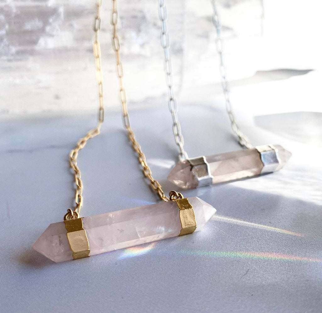 Double Terminated Rose Quartz Bar Necklace