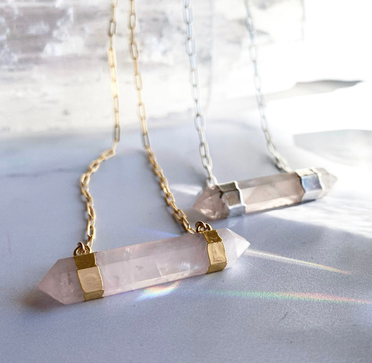 Double Terminated Rose Quartz Bar Necklace