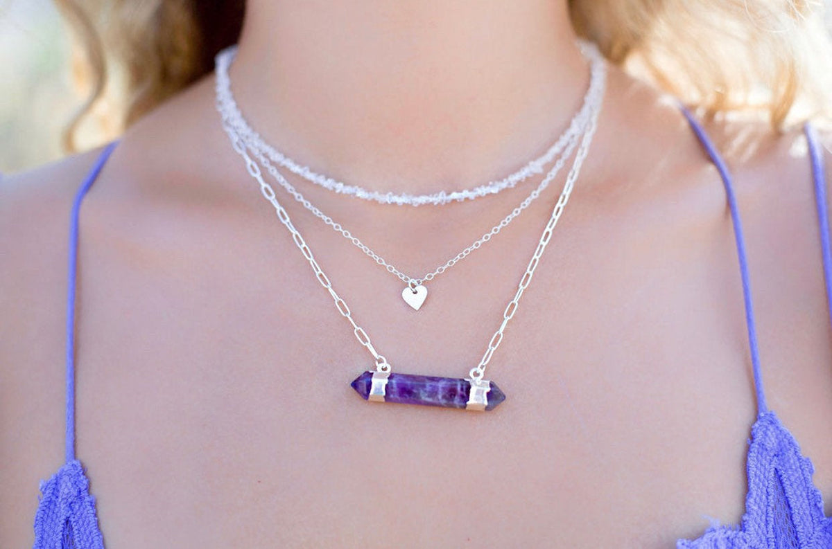 Double Terminated Amethyst Bar Necklace in 14k Gold Filled or Sterling Silver