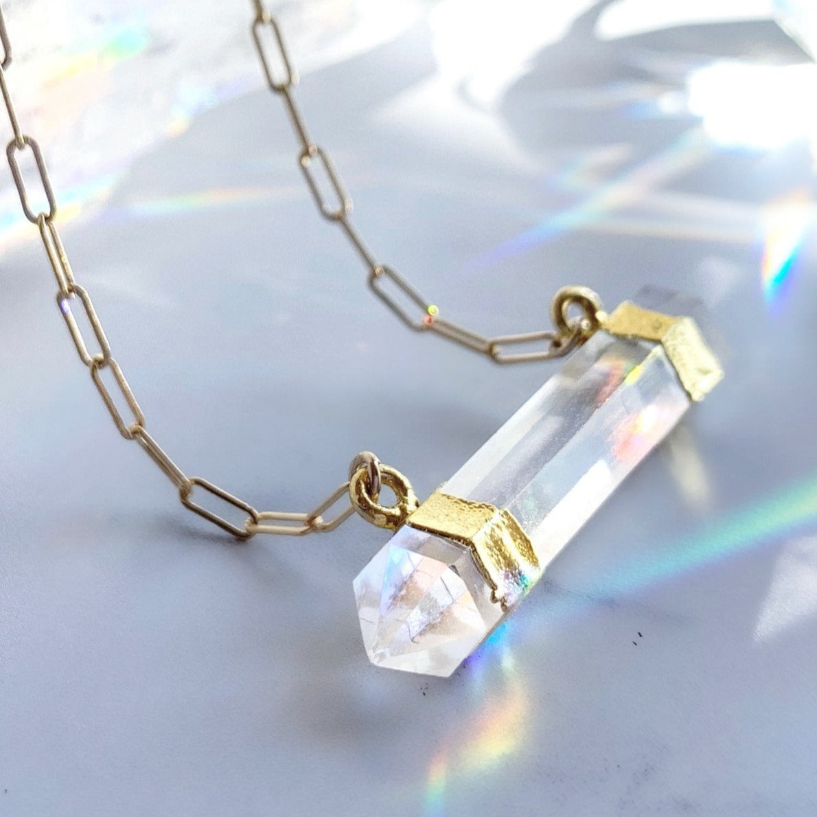 Double Terminated Crystal Quartz Bar Necklace in 14k Gold Filled or Sterling Silver