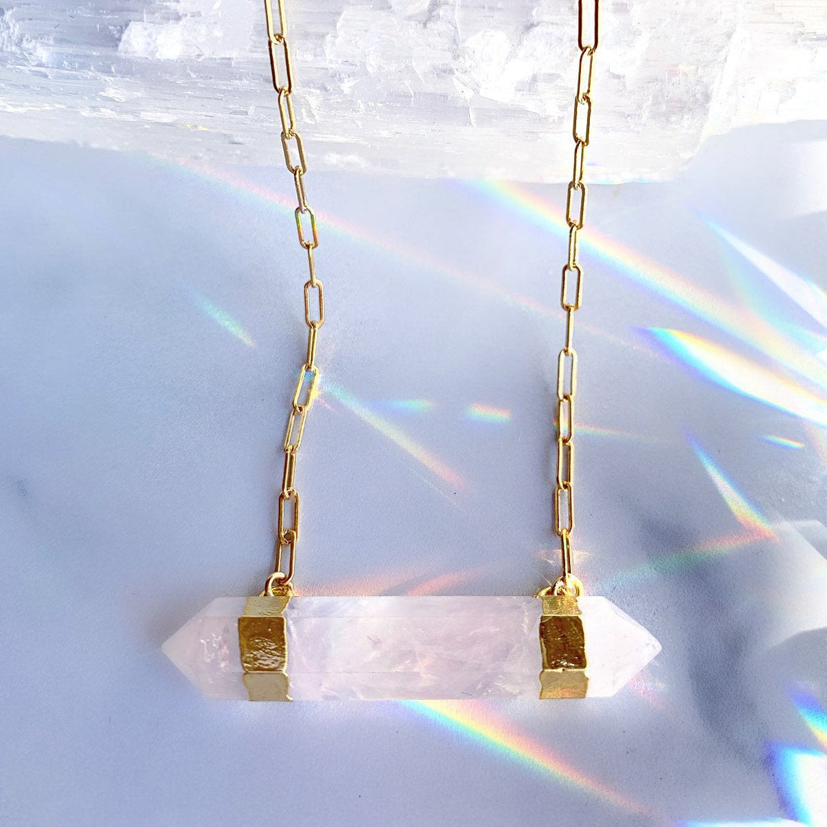 Double Terminated Rose Quartz Bar Necklace