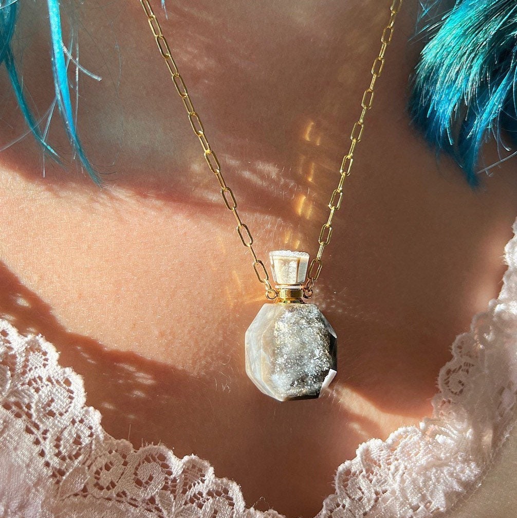 Druzy Agate Magic Bottle Necklace for Potion, Perfume, Oil or Ashes