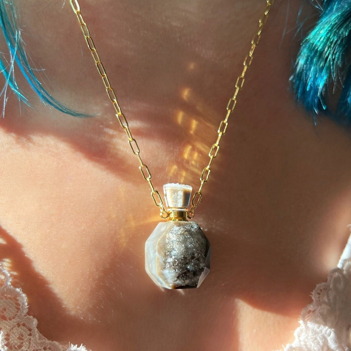 Druzy Agate Magic Bottle Necklace for Potion, Perfume, Oil or Ashes