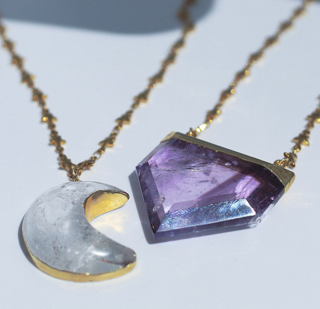 Stellar Guardian Crystal Amulet in Amethyst on Gold or Silver Chain