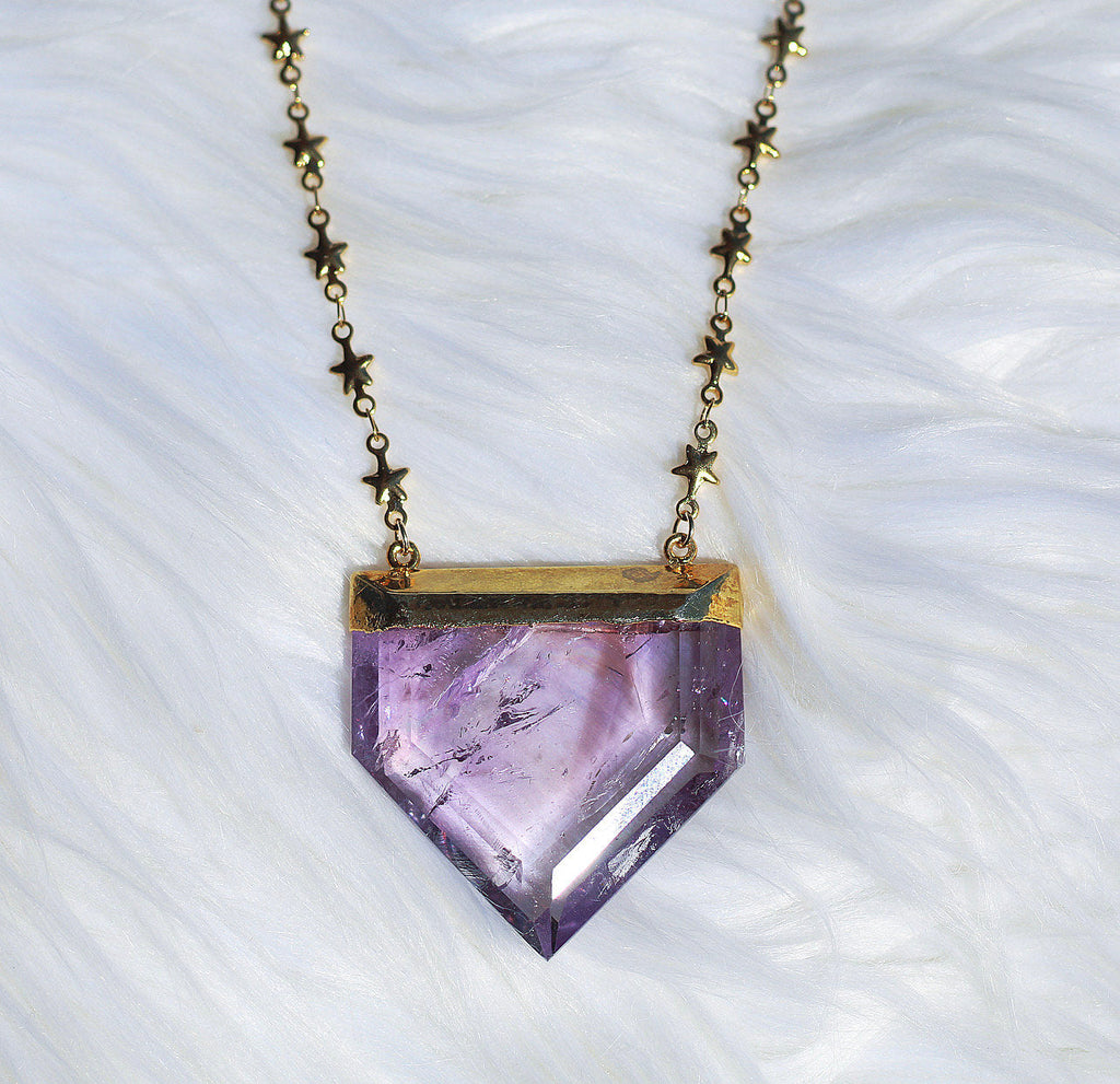 Stellar Guardian Crystal Amulet in Amethyst on Gold or Silver Chain