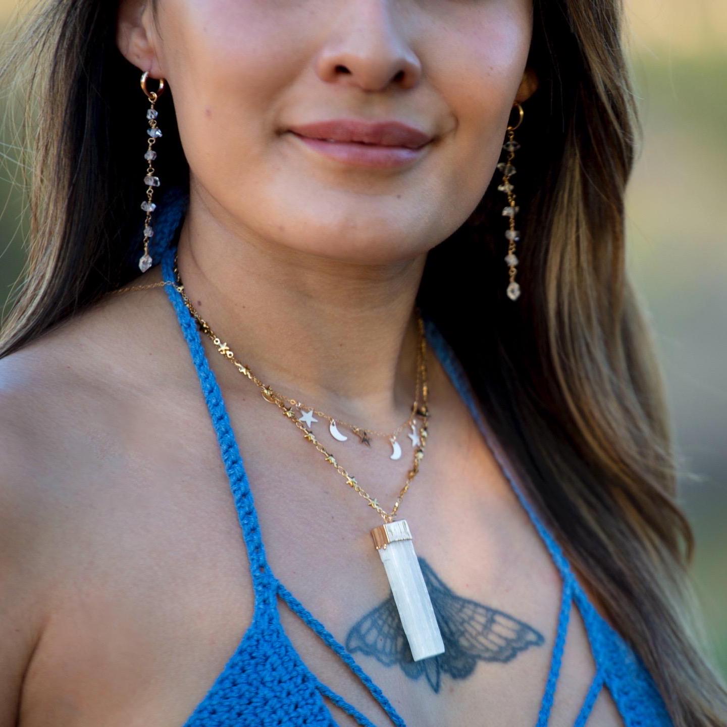 Selenite Bar Pendant on Star Link Chain in Gold or Silver