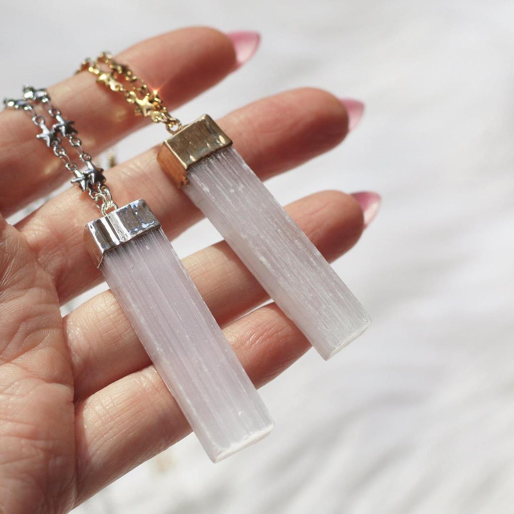 Selenite Bar Pendant on Star Link Chain in Gold or Silver