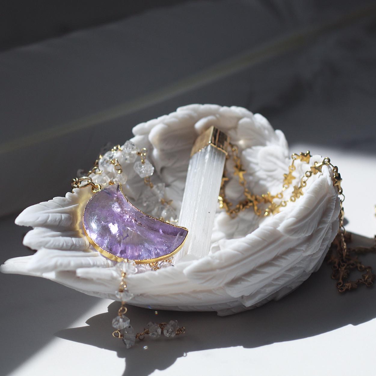 Selenite Bar Pendant on Star Link Chain in Gold or Silver
