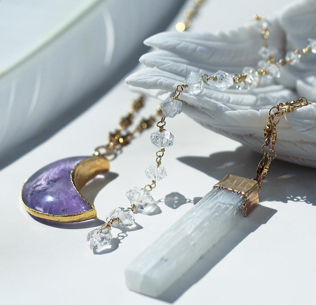Selenite Bar Pendant on Star Link Chain in Gold or Silver