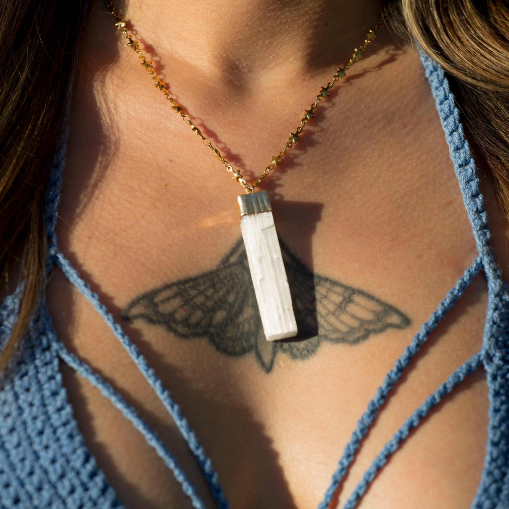 Selenite Bar Pendant on Star Link Chain in Gold or Silver
