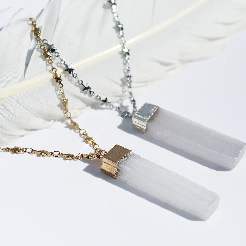 Selenite Bar Pendant on Star Link Chain in Gold or Silver