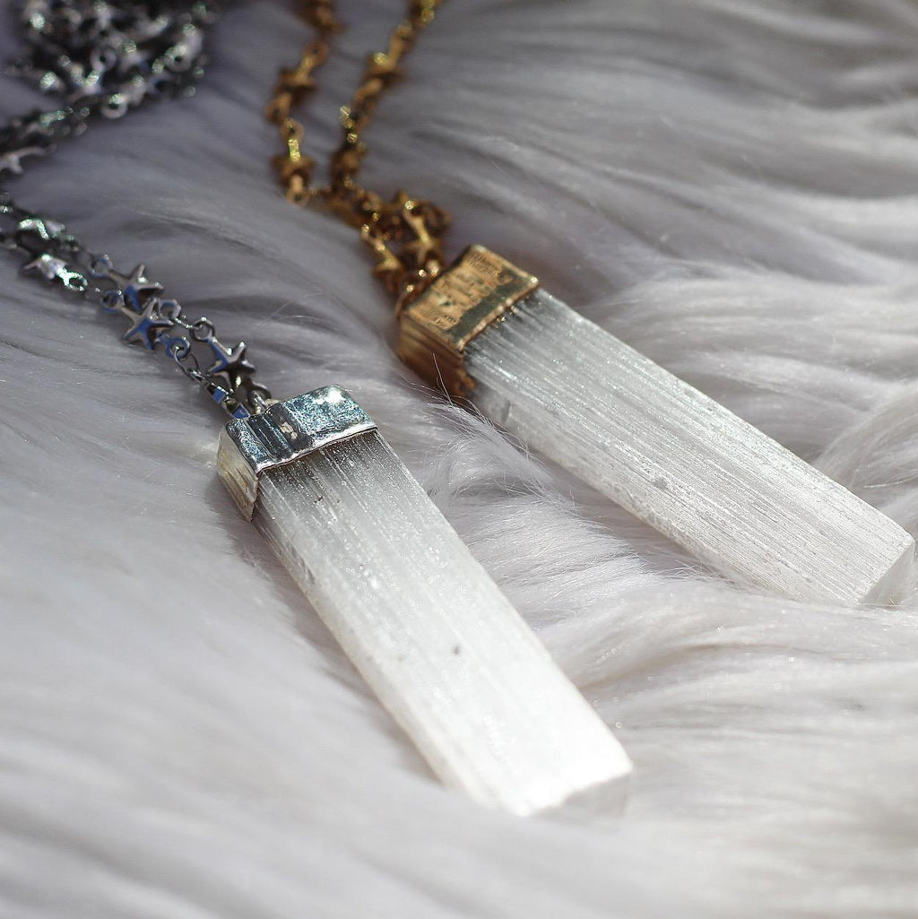 Selenite Bar Pendant on Star Link Chain in Gold or Silver