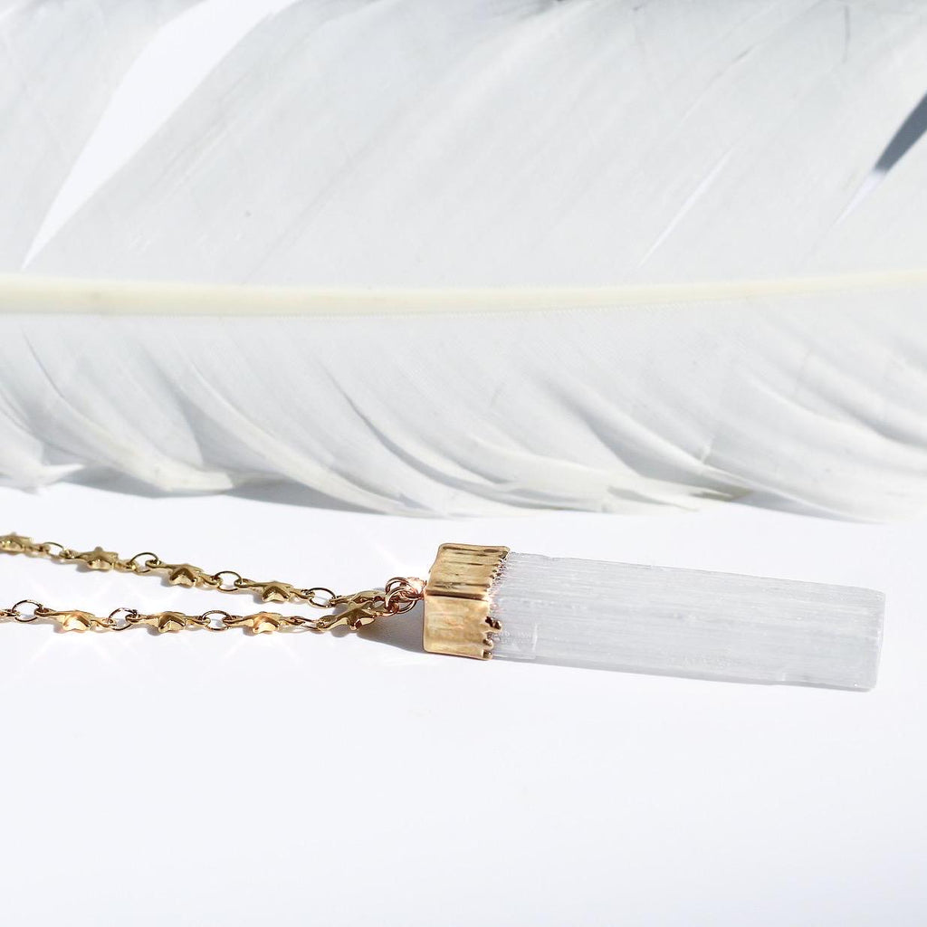 Selenite Bar Pendant on Star Link Chain in Gold or Silver