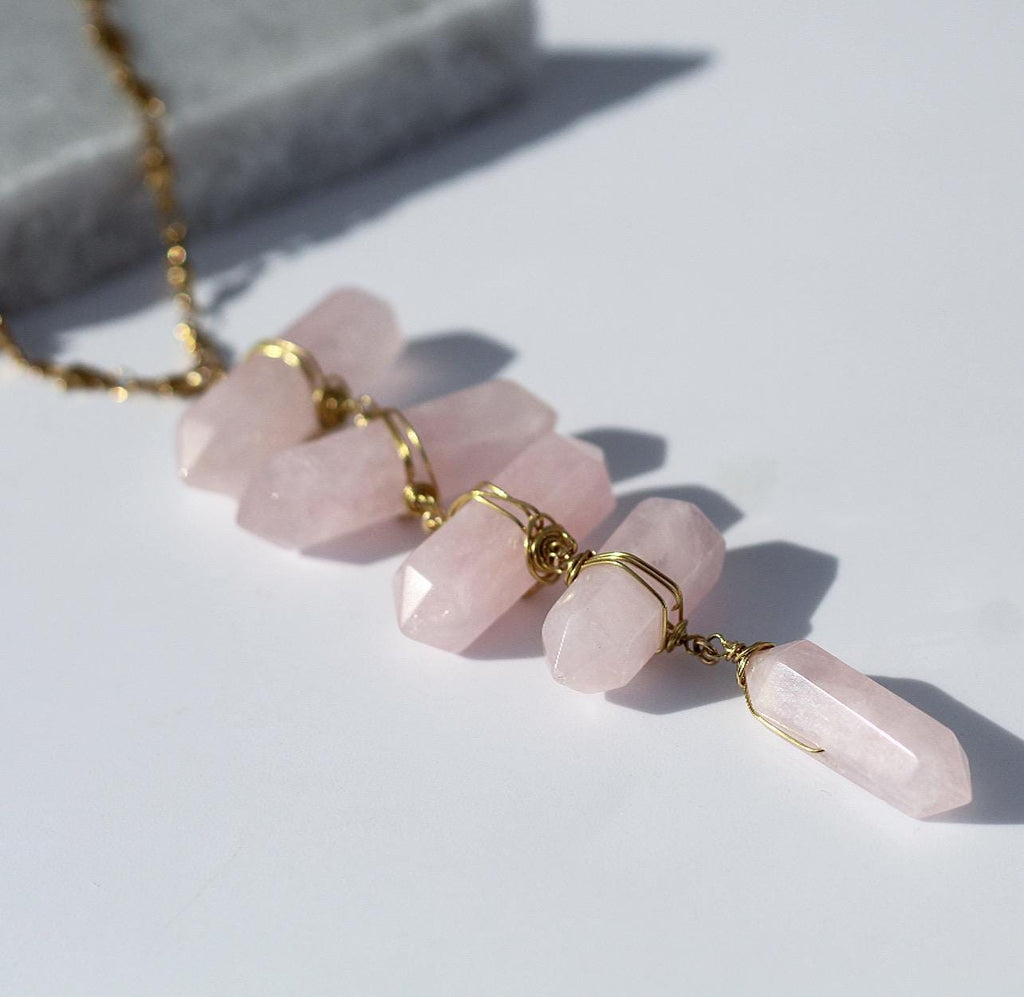 Rose Quartz Ladder to the Stars Lariat Necklace on Star Chain in Gold or Silver