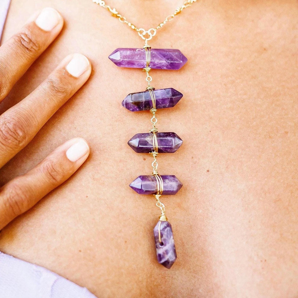 Amethyst Ladder to the Stars Lariat Necklace on Star Chain in Gold or Silver