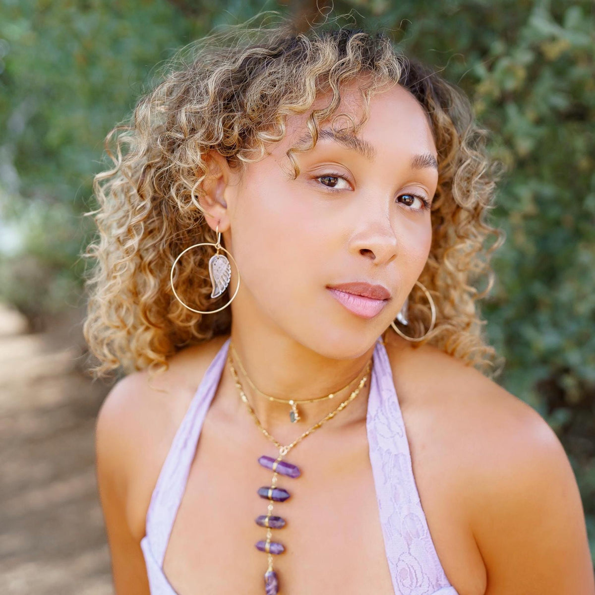 Amethyst Ladder to the Stars Lariat Necklace on Star Chain in Gold or Silver