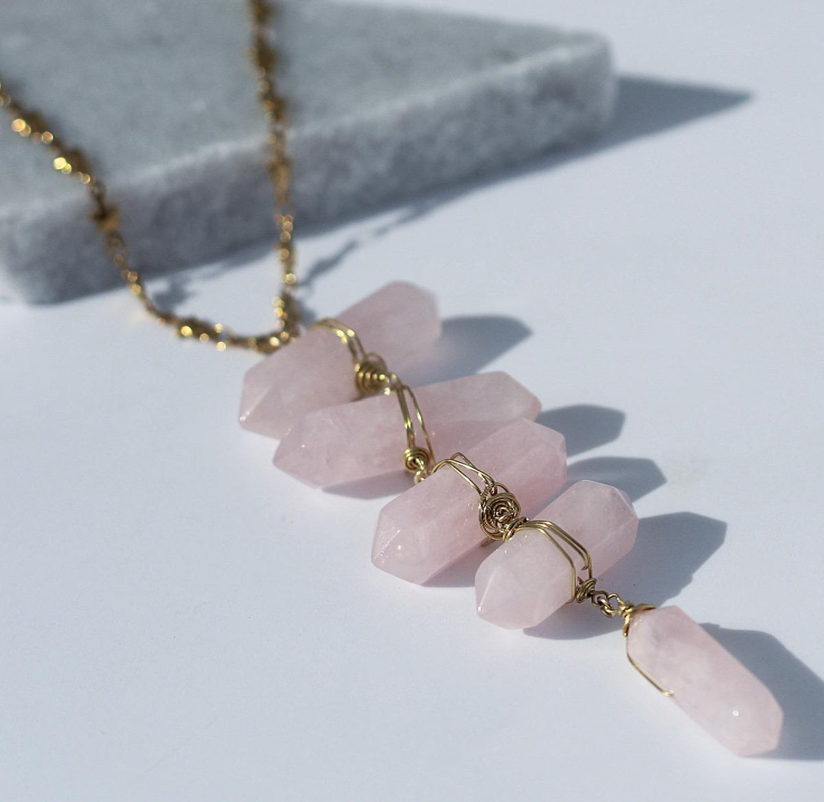 Rose Quartz Ladder to the Stars Lariat Necklace on Star Chain in Gold or Silver