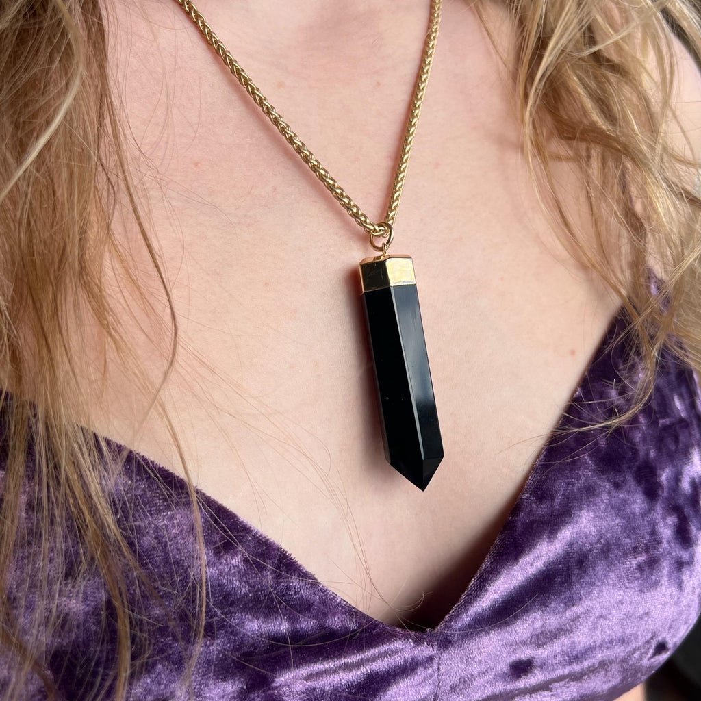 Large Obsidian Stone Pendant with Gold or Silver Chain