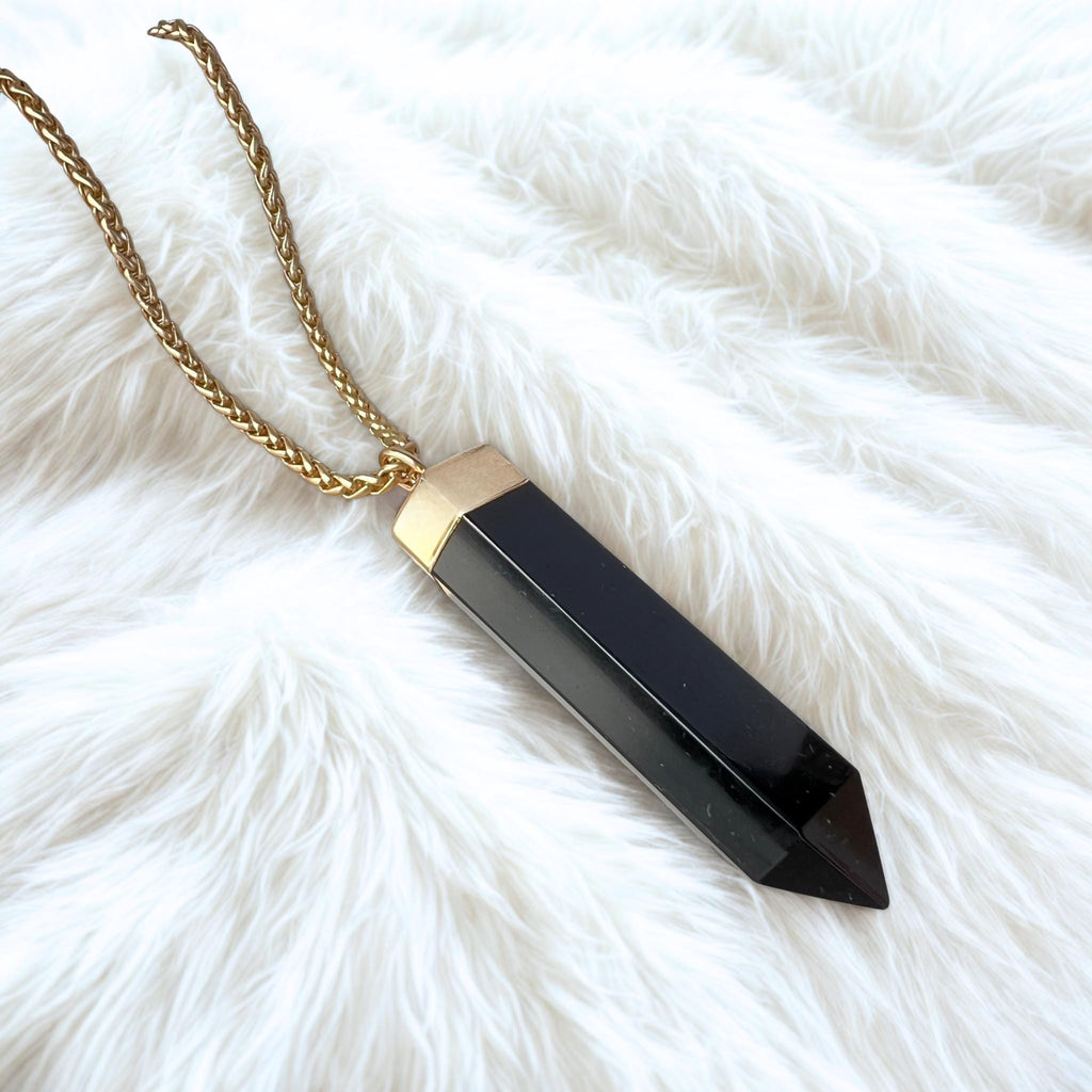 Large Obsidian Stone Pendant with Gold or Silver Chain