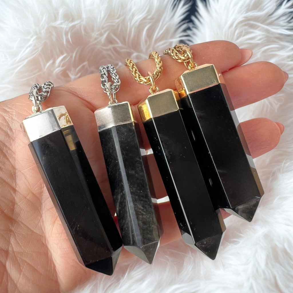 Large Obsidian Stone Pendant with Gold or Silver Chain