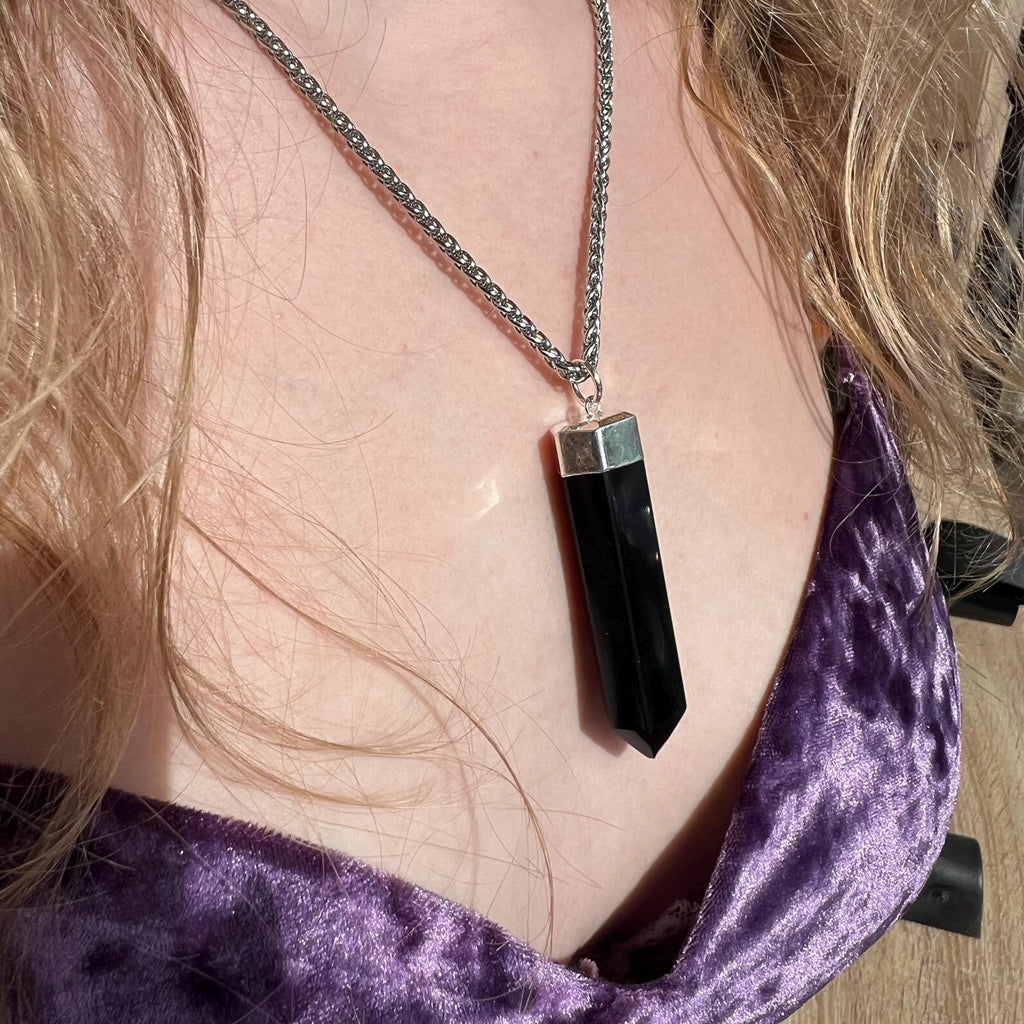 Large Obsidian Stone Pendant with Gold or Silver Chain