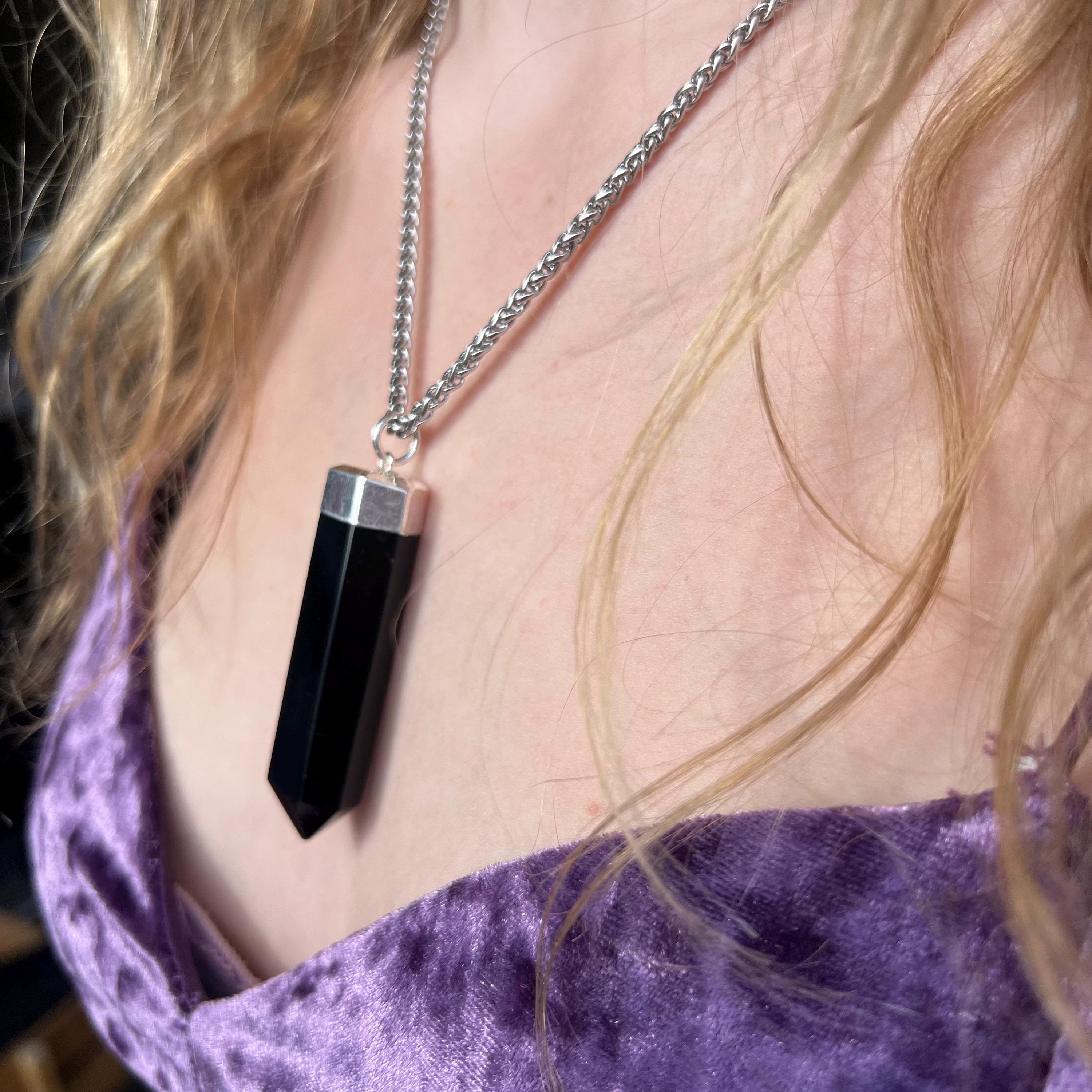 Large Obsidian Stone Pendant with Gold or Silver Chain