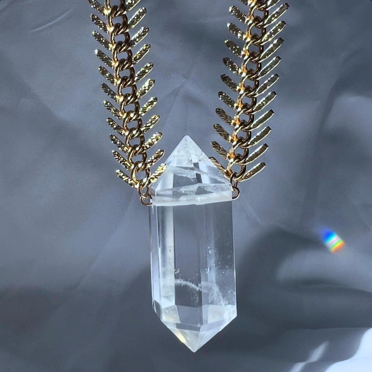 Axis Necklace- Large AAA Crystal Pendant on Gold or Silver Fishbone Chain