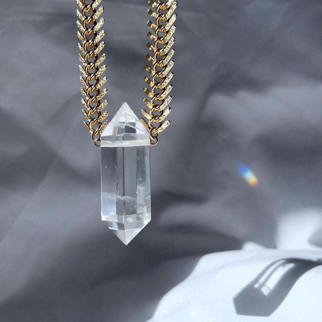 Axis Necklace- Large AAA Crystal Pendant on Gold or Silver Fishbone Chain