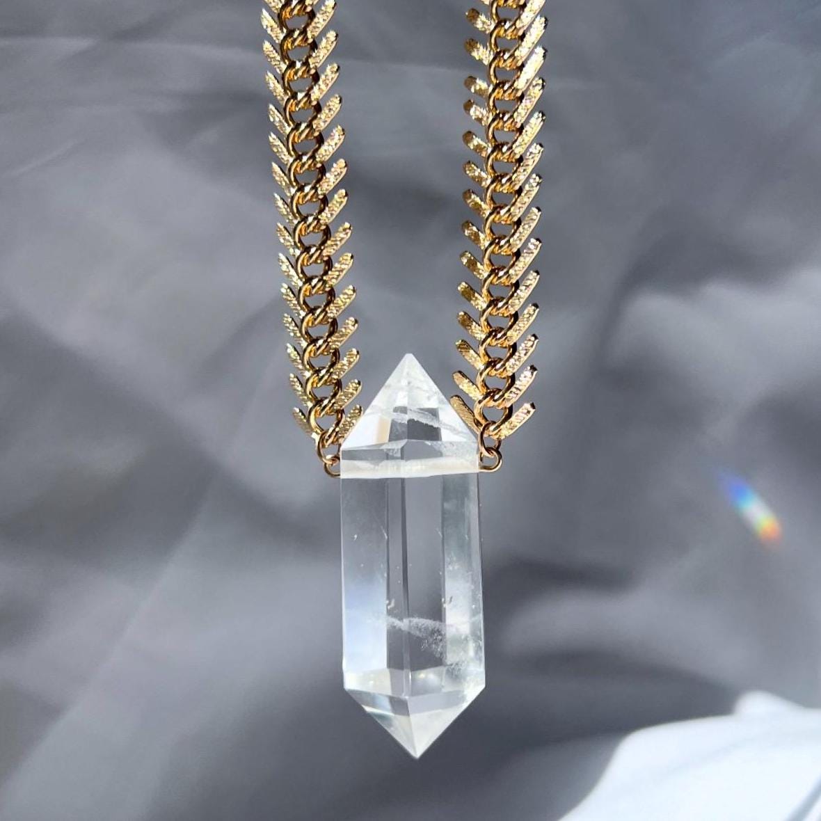 Axis Necklace- Large AAA Crystal Pendant on Gold or Silver Fishbone Chain