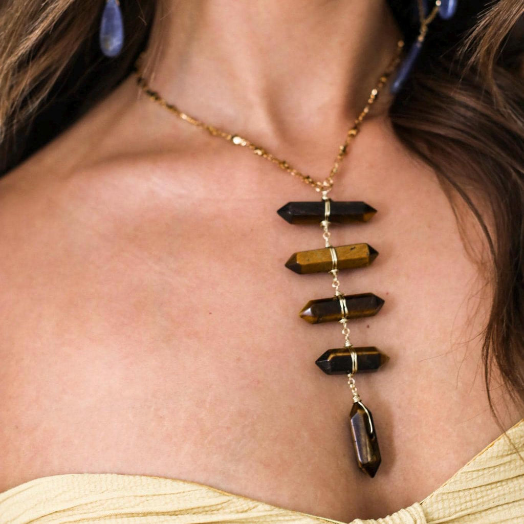 Tiger's Eye Solar Plexus Lariat on Tiny Stars Chain in Gold or Silver