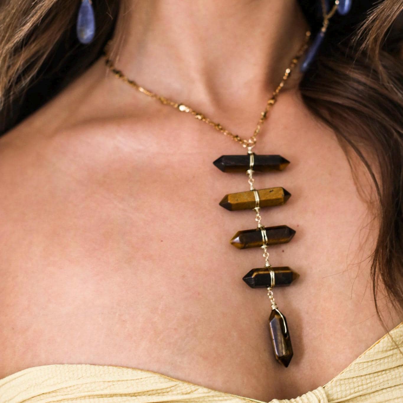 Tiger's Eye Solar Plexus Lariat on Tiny Stars Chain in Gold or Silver