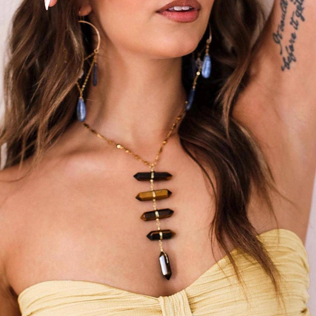 Tiger's Eye Solar Plexus Lariat on Tiny Stars Chain in Gold or Silver