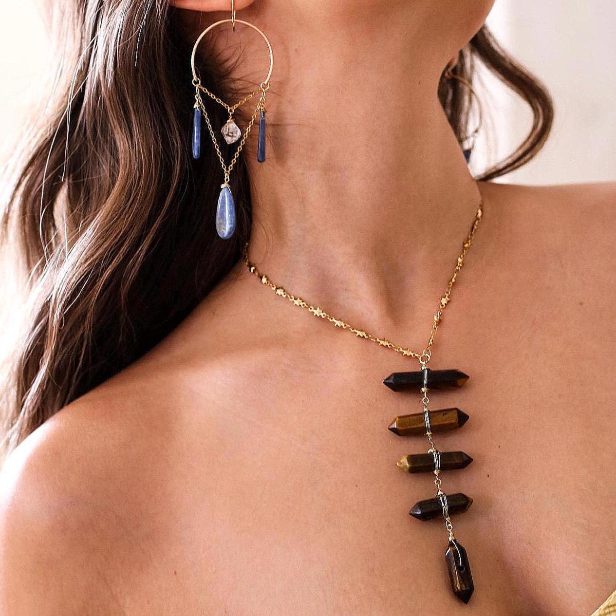 Tiger's Eye Solar Plexus Lariat on Tiny Stars Chain in Gold or Silver