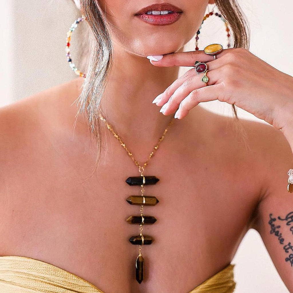 Tiger's Eye Solar Plexus Lariat on Tiny Stars Chain in Gold or Silver