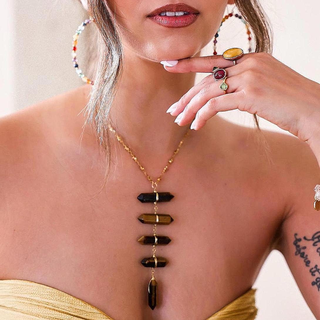 Tiger's Eye Solar Plexus Lariat on Tiny Stars Chain in Gold or Silver