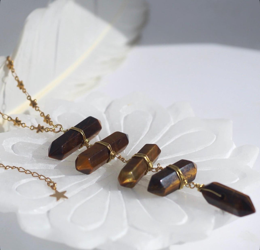 Tiger's Eye Solar Plexus Lariat on Tiny Stars Chain in Gold or Silver