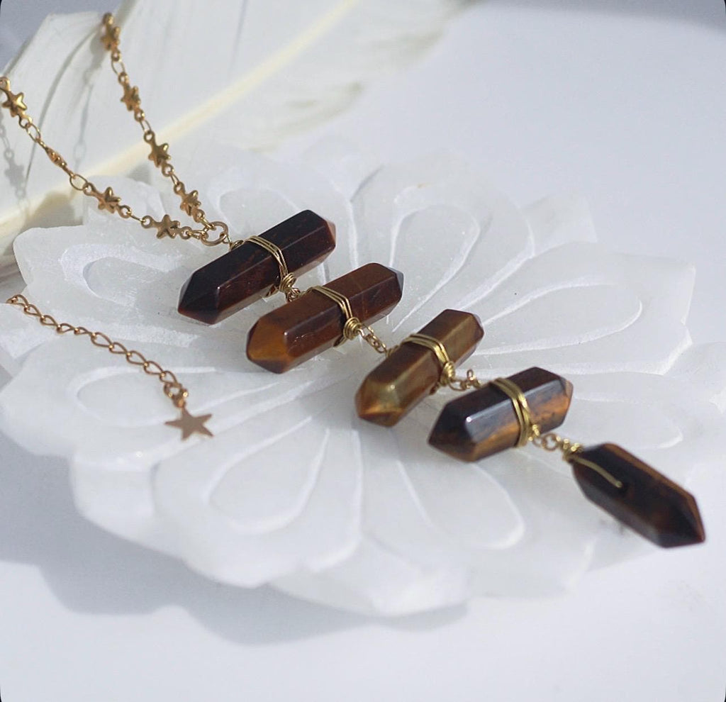 Tiger's Eye Solar Plexus Lariat on Tiny Stars Chain in Gold or Silver