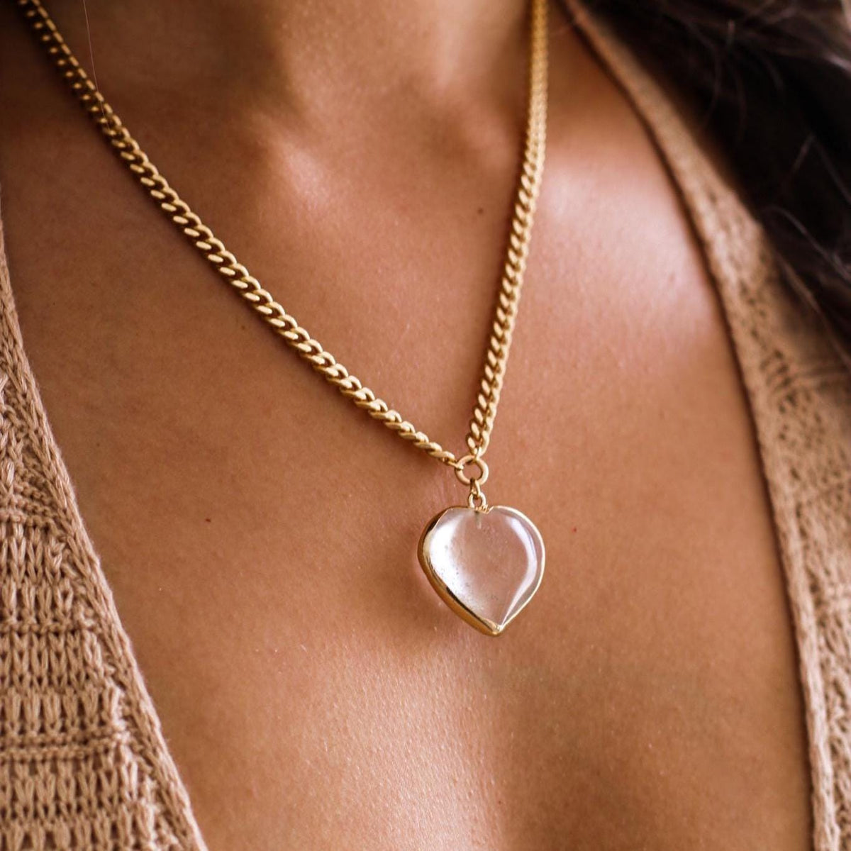 Open Heart Alignment Necklace with Crystal Quartz in Gold or Silver