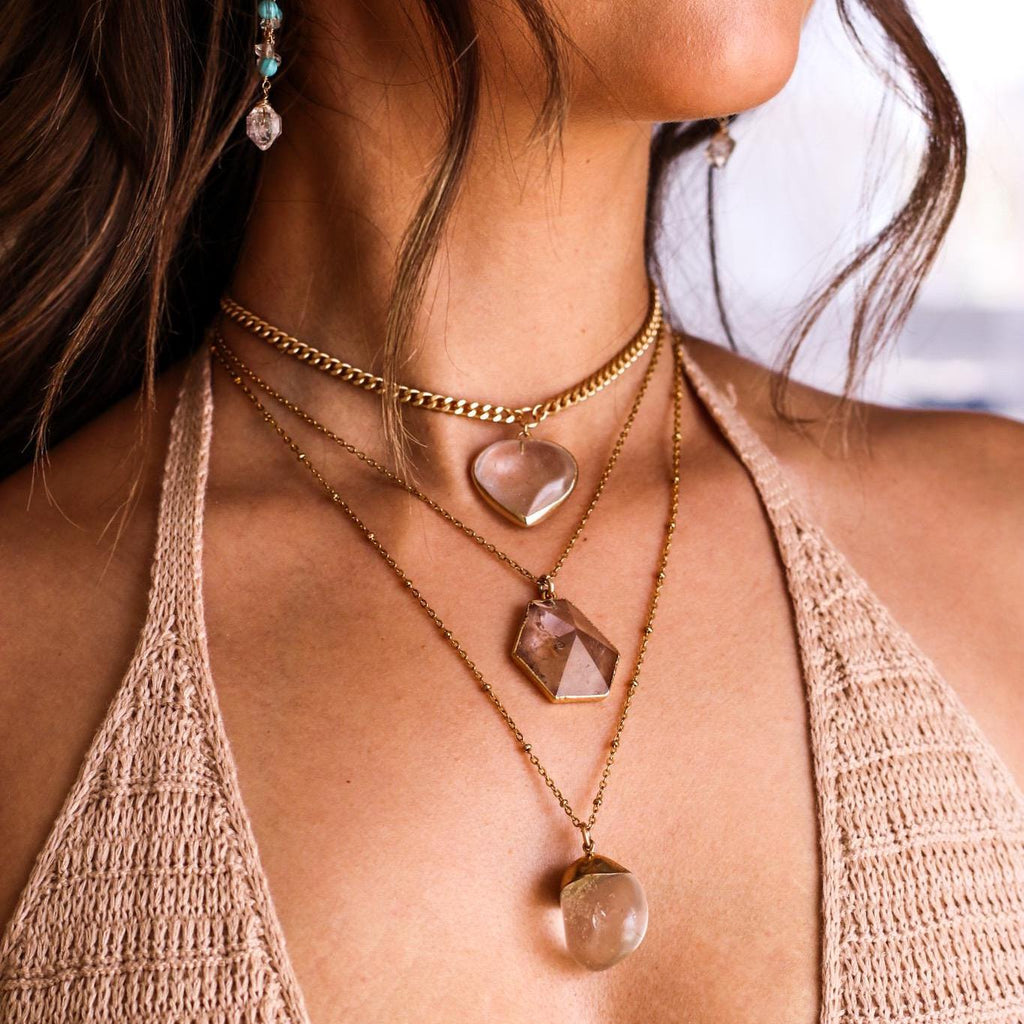 Open Heart Alignment Necklace with Crystal Quartz in Gold or Silver