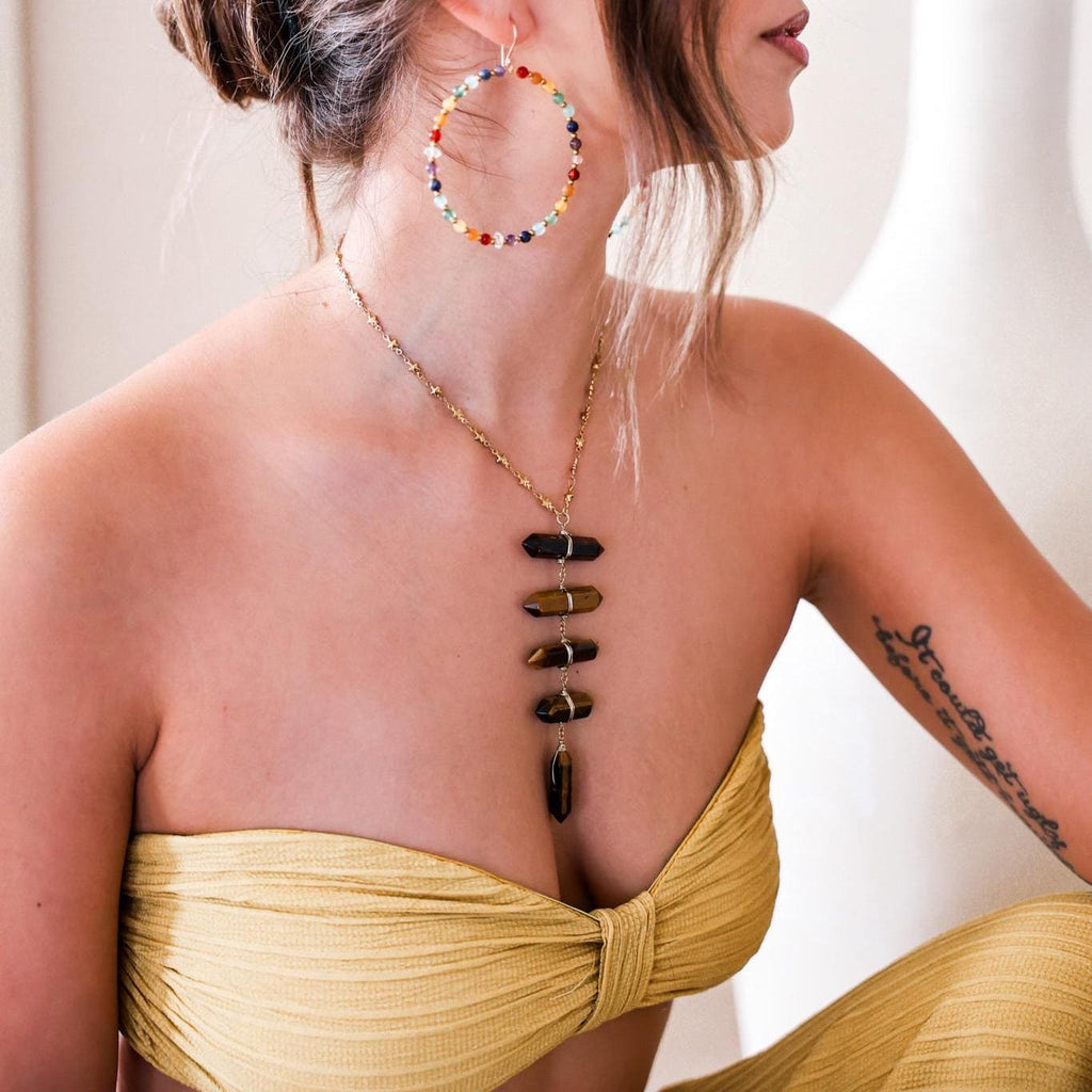 Tiger's Eye Solar Plexus Lariat on Tiny Stars Chain in Gold or Silver