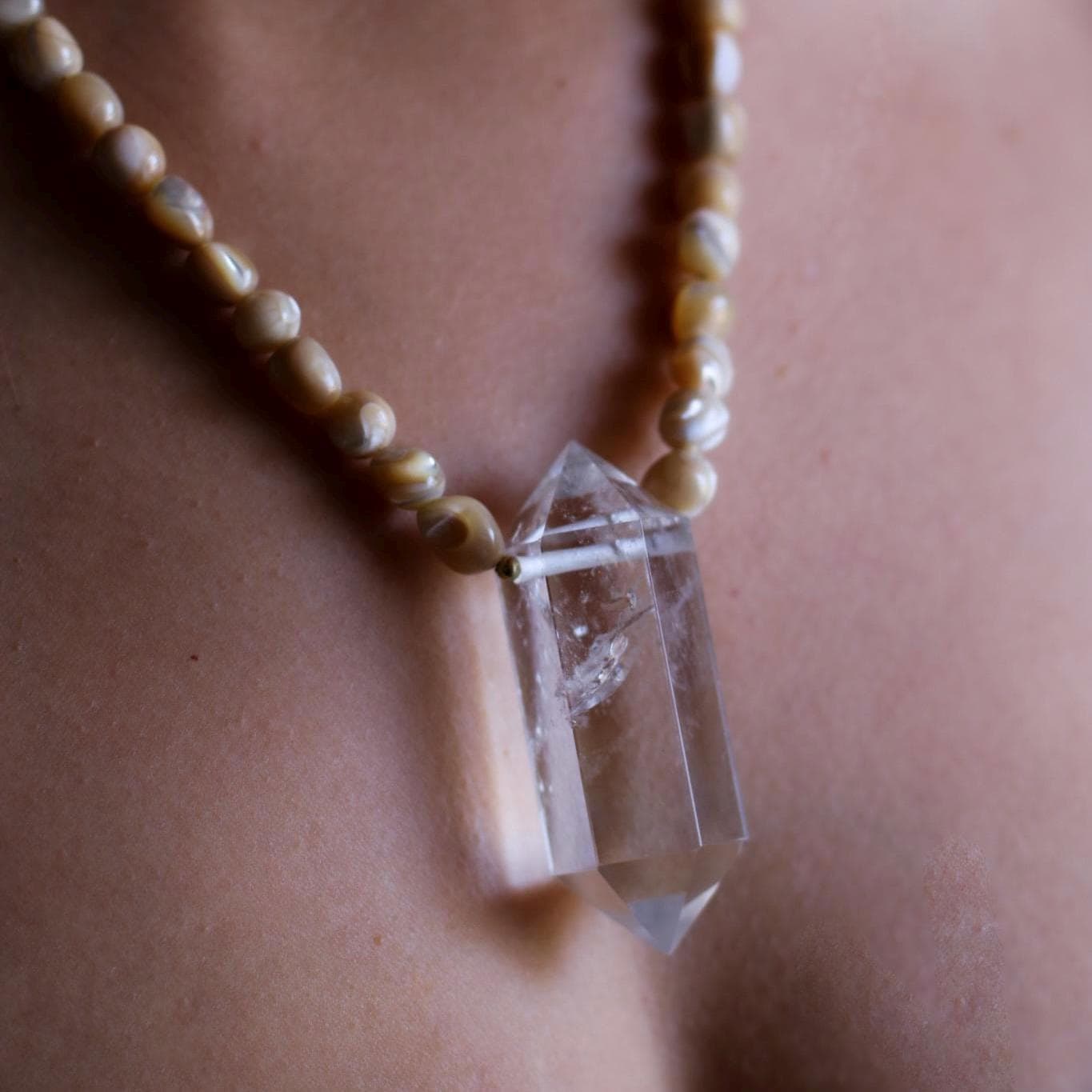 Earth, Water & Light Talisman Necklace- Trochus Shell and AAA Quartz