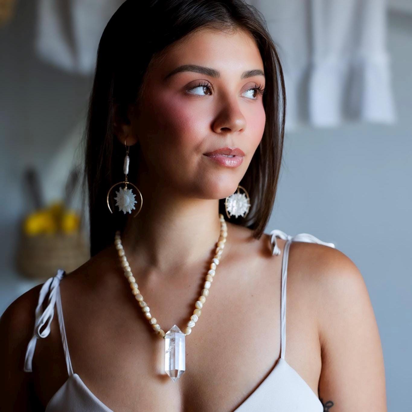 Earth, Water & Light Talisman Necklace- Trochus Shell and AAA Quartz